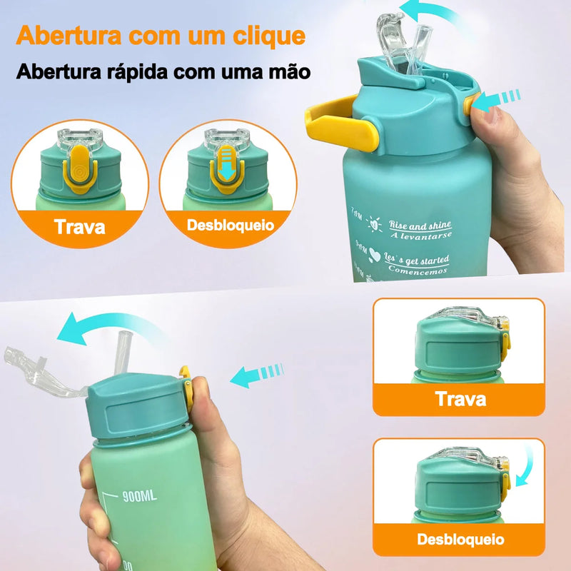 Kit Garrafa de Água com Canudo – Garrafa Motivacional para Esportes, Fitness, Academia e Atividades ao Ar Livre