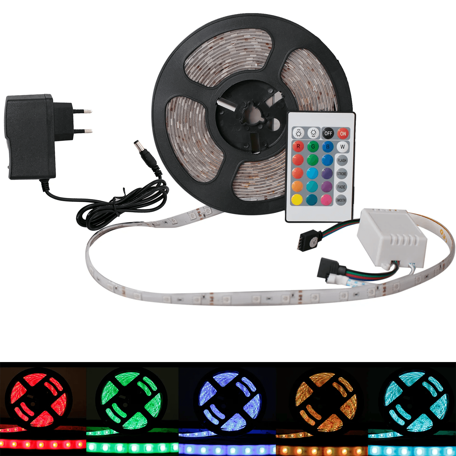 Fita LED RGB 5050 Rolo de 5m IP65 + Controle + Fonte 12V Bivolt - desconto mania