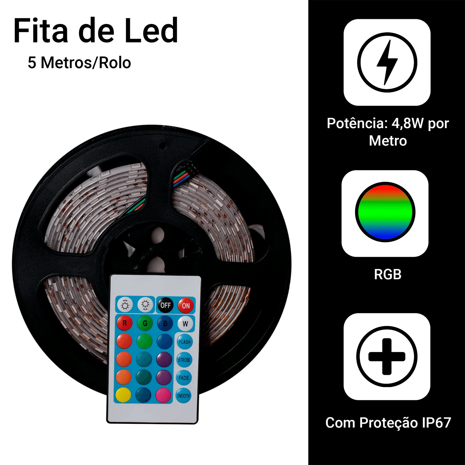 Fita LED RGB 5050 Rolo de 5m IP65 + Controle + Fonte 12V Bivolt - desconto mania